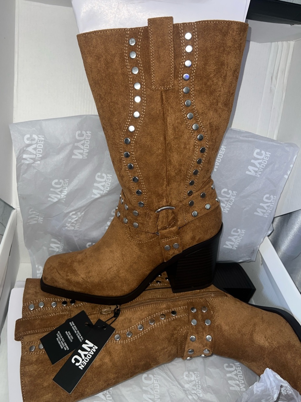 Madden NYC Studded Suede Mid-Calf Boots in Cognac size10